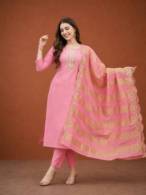 Women's Gorgeous Cotton Blend Embroidery Straight Kurta with Pant And Dupatta Set 1