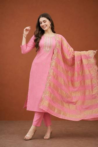 Women's Gorgeous Cotton Blend Embroidery Straight Kurta with Pant And Dupatta Set