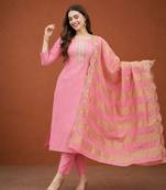 Women's Gorgeous Cotton Blend Embroidery Straight Kurta with Pant And Dupatta Set