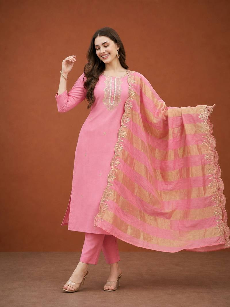 Women's Gorgeous Cotton Blend Embroidery Straight Kurta with Pant And Dupatta Set