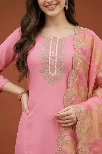 Women's Gorgeous Cotton Blend Embroidery Straight Kurta with Pant And Dupatta Set