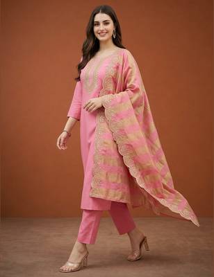 Women's Gorgeous Cotton Blend Embroidery Straight Kurta with Pant And Dupatta Set 3