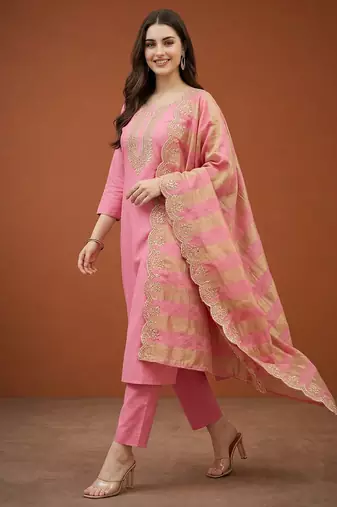 Women's Gorgeous Cotton Blend Embroidery Straight Kurta with Pant And Dupatta Set