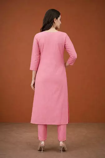Women's Gorgeous Cotton Blend Embroidery Straight Kurta with Pant And Dupatta Set