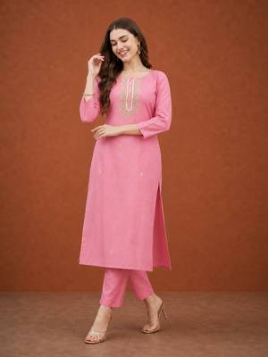 Women's Gorgeous Cotton Blend Embroidery Straight Kurta with Pant And Dupatta Set 5
