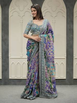 Blue Color Designer Ajarakh Print Fancy Aari Zari Work With Real Mirror Work Silk Blend Saree  1