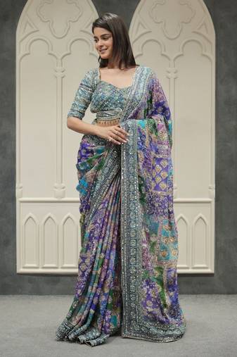 Blue Color Designer Ajarakh Print Fancy Aari Zari Work With Real Mirror Work Silk Blend Saree 
