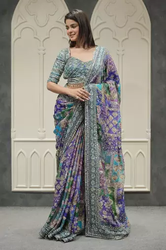 Blue Color Designer Ajarakh Print Fancy Aari Zari Work With Real Mirror Work Silk Blend Saree 