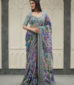 Blue Color Designer Ajarakh Print Fancy Aari Zari Work With Real Mirror Work Silk Blend Saree 