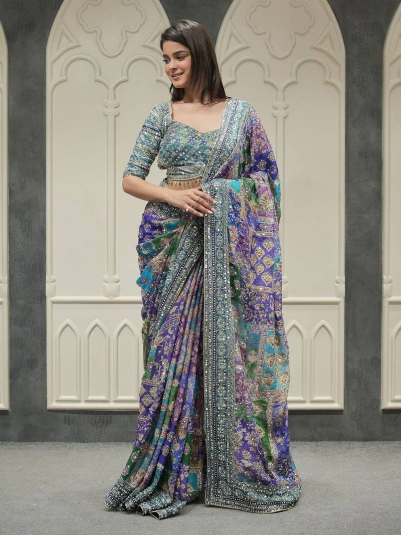 Blue Color Designer Ajarakh Print Fancy Aari Zari Work With Real Mirror Work Silk Blend Saree 