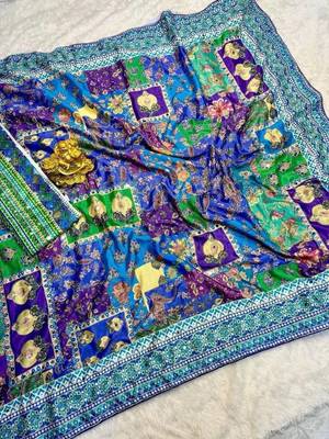 Blue Color Designer Ajarakh Print Fancy Aari Zari Work With Real Mirror Work Silk Blend Saree  2
