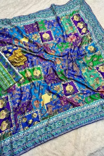 Blue Color Designer Ajarakh Print Fancy Aari Zari Work With Real Mirror Work Silk Blend Saree 