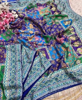 Blue Color Designer Ajarakh Print Fancy Aari Zari Work With Real Mirror Work Silk Blend Saree  3