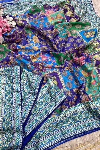 Blue Color Designer Ajarakh Print Fancy Aari Zari Work With Real Mirror Work Silk Blend Saree 