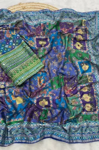 Blue Color Designer Ajarakh Print Fancy Aari Zari Work With Real Mirror Work Silk Blend Saree 
