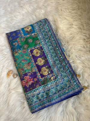 Blue Color Designer Ajarakh Print Fancy Aari Zari Work With Real Mirror Work Silk Blend Saree  5