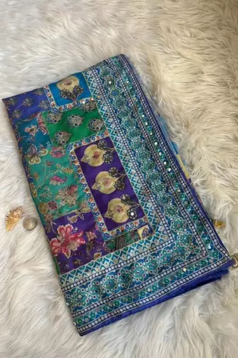 Blue Color Designer Ajarakh Print Fancy Aari Zari Work With Real Mirror Work Silk Blend Saree 