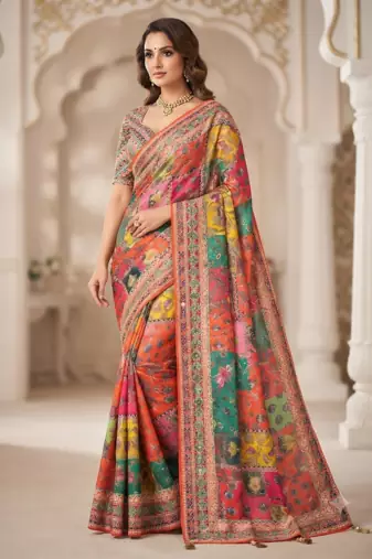 Orange Color Designer Ajarakh Print Fancy Aari Zari Work With Real Mirror Work Silk Blend Saree 