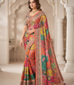 Orange Color Designer Ajarakh Print Fancy Aari Zari Work With Real Mirror Work Silk Blend Saree 
