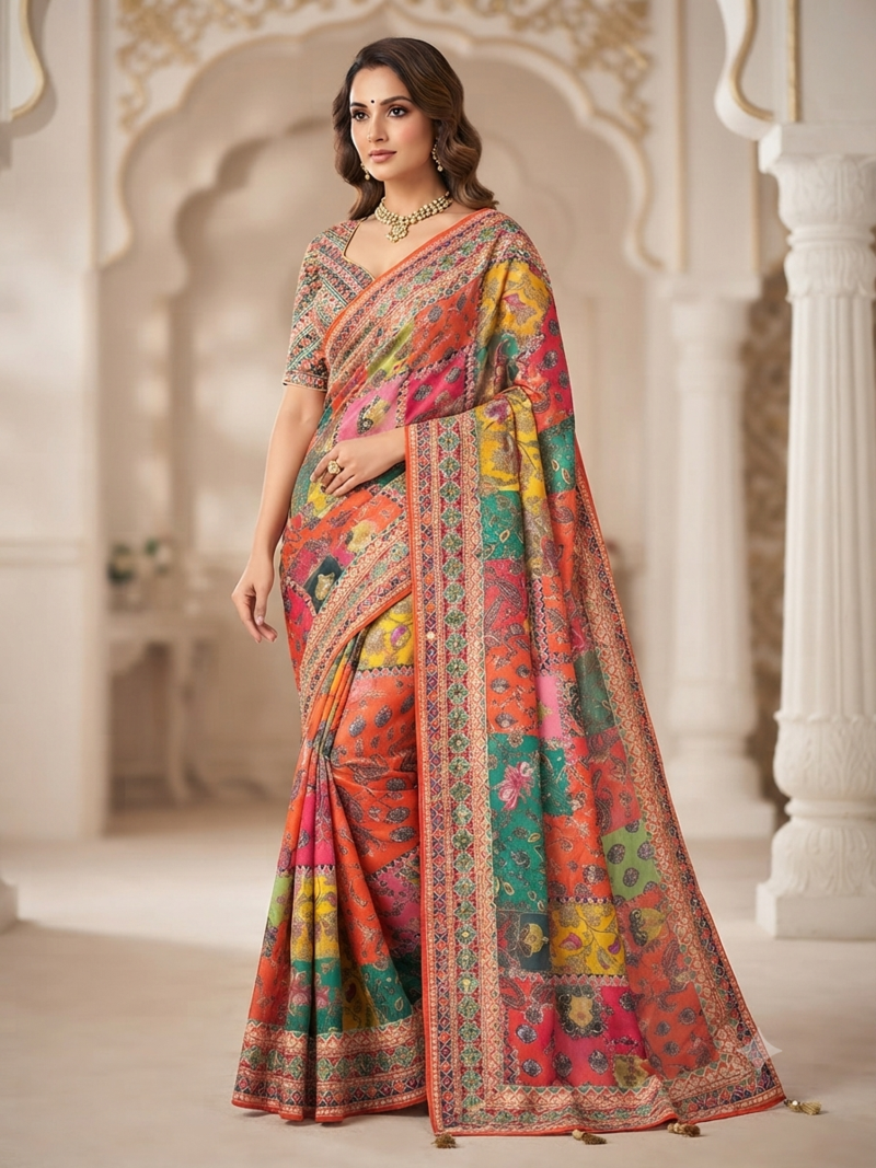 Orange Color Designer Ajarakh Print Fancy Aari Zari Work With Real Mirror Work Silk Blend Saree 