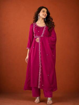 Women's Gorgeous Embroidery Work Vichitra SIlk Fabric Flared Kurta Pant and Dupatta Set 1
