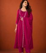 Women's Gorgeous Embroidery Work Vichitra SIlk Fabric Flared Kurta Pant and Dupatta Set