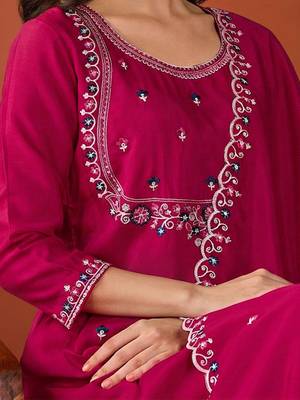 Women's Gorgeous Embroidery Work Vichitra SIlk Fabric Flared Kurta Pant and Dupatta Set 2