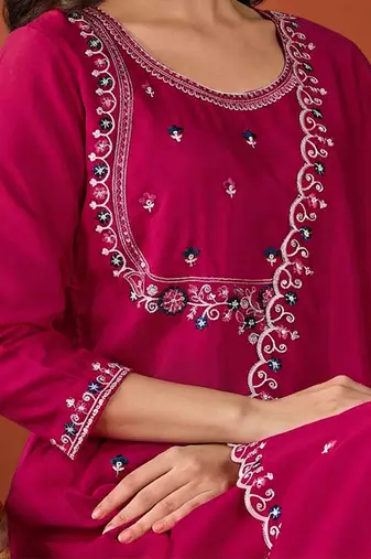 Women's Gorgeous Embroidery Work Vichitra SIlk Fabric Flared Kurta Pant and Dupatta Set