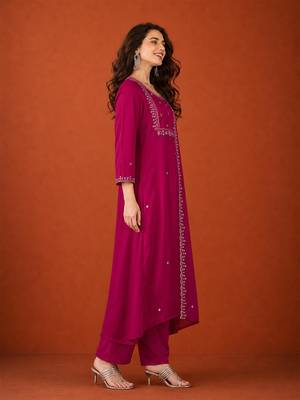 Women's Gorgeous Embroidery Work Vichitra SIlk Fabric Flared Kurta Pant and Dupatta Set 3