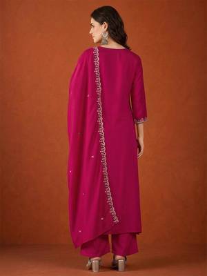 Women's Gorgeous Embroidery Work Vichitra SIlk Fabric Flared Kurta Pant and Dupatta Set 4
