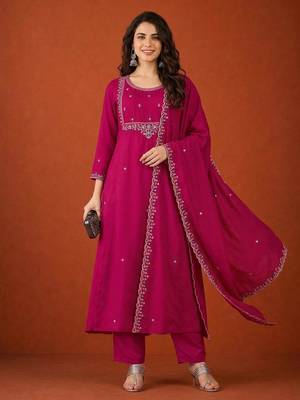 Women's Gorgeous Embroidery Work Vichitra SIlk Fabric Flared Kurta Pant and Dupatta Set 5