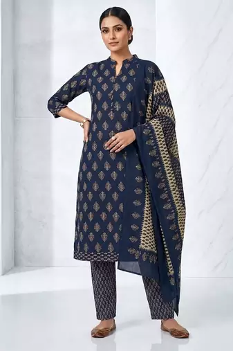 Dark blue printed cotton blend stitched floral print kurta set with dupatta for women