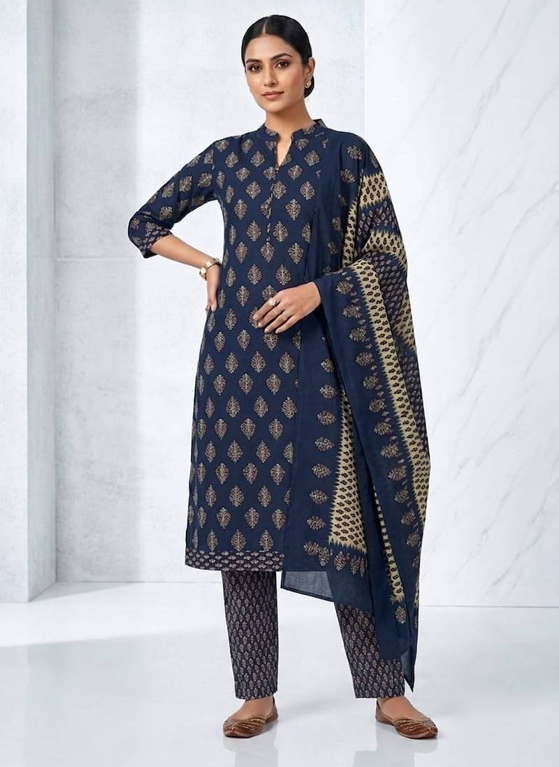 Dark blue printed cotton blend stitched floral print kurta set with dupatta for women
