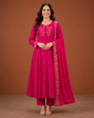 Women's Beautiful Embroidery Work Viscose Silk Fabric A-line Kurta Pant and Dupatta Set 1
