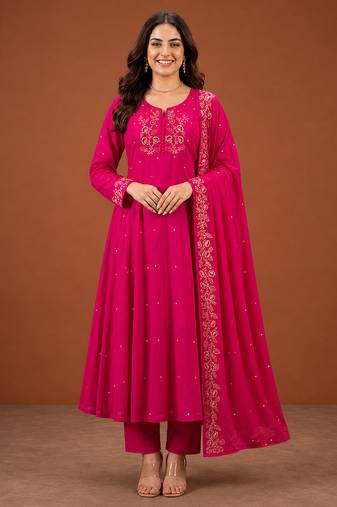 Women's Beautiful Embroidery Work Viscose Silk Fabric A-line Kurta Pant and Dupatta Set