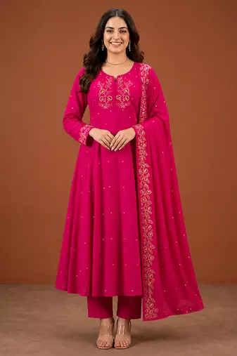 Women's Beautiful Embroidery Work Viscose Silk Fabric A-line Kurta Pant and Dupatta Set