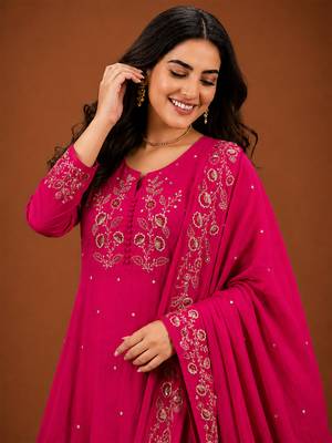 Women's Beautiful Embroidery Work Viscose Silk Fabric A-line Kurta Pant and Dupatta Set 2