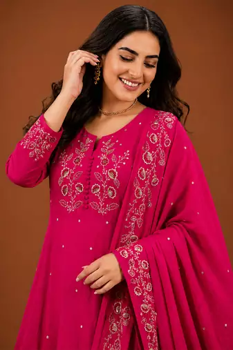 Women's Beautiful Embroidery Work Viscose Silk Fabric A-line Kurta Pant and Dupatta Set