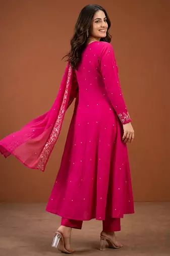 Women's Beautiful Embroidery Work Viscose Silk Fabric A-line Kurta Pant and Dupatta Set