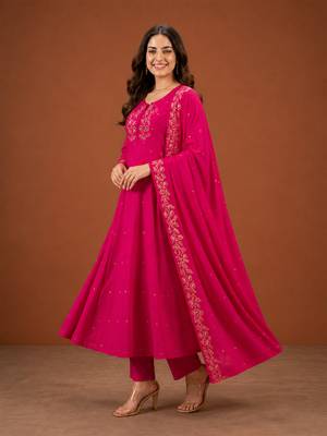 Women's Beautiful Embroidery Work Viscose Silk Fabric A-line Kurta Pant and Dupatta Set 5