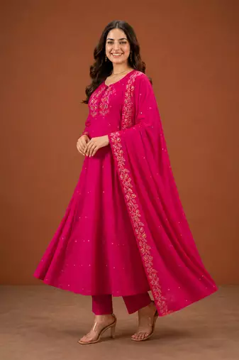Women's Beautiful Embroidery Work Viscose Silk Fabric A-line Kurta Pant and Dupatta Set