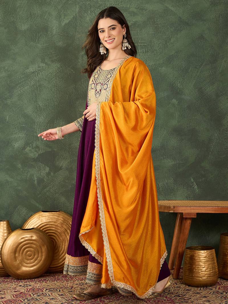 Women's Gorgeous Embroidery Work Vichitra Silk Fabric Flared Anarkali Pant and Dupatta Setc