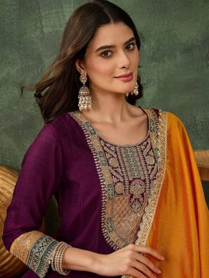 Women's Gorgeous Embroidery Work Vichitra Silk Fabric Flared Anarkali Pant and Dupatta Setc 2