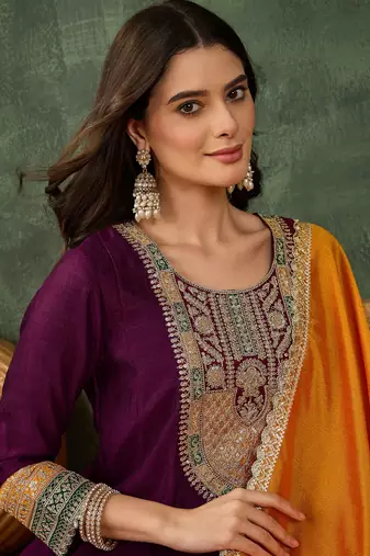 Women's Gorgeous Embroidery Work Vichitra Silk Fabric Flared Anarkali Pant and Dupatta Setc