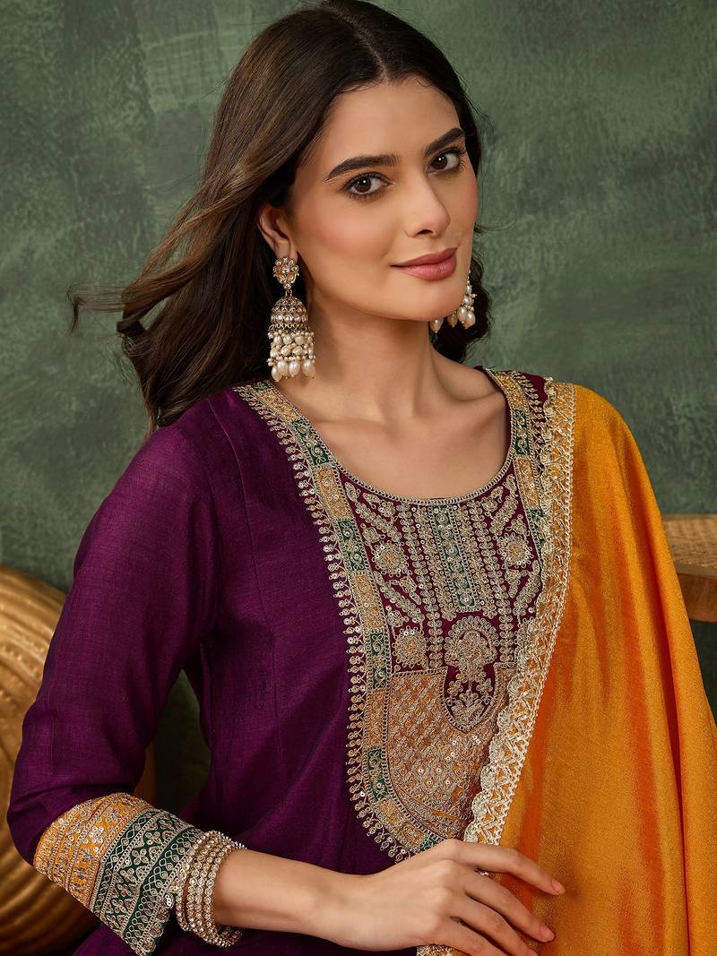 Women's Gorgeous Embroidery Work Vichitra Silk Fabric Flared Anarkali Pant and Dupatta Setc