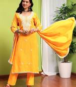 Women Ethnic Motifs Thread Work Pure Cotton Kurta with Trousers & Dupatta