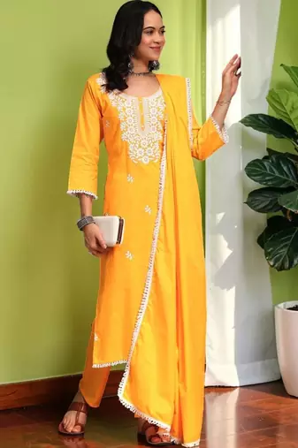 Women Ethnic Motifs Thread Work Pure Cotton Kurta with Trousers & Dupatta