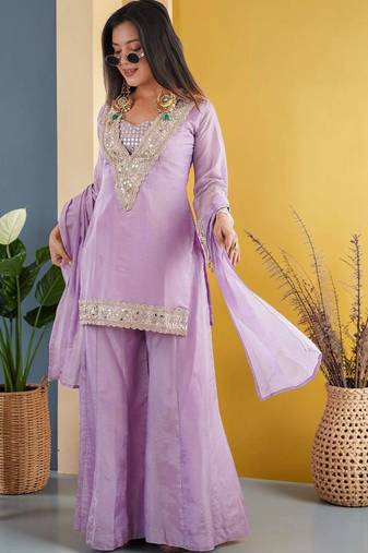 Women Regular Sequinned Kurta with Sharara & With Dupatta