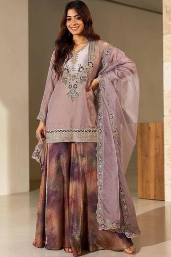 Women Ethnic Motifs Embroidered Regular Thread Work Kurta with Sharara & With Dupatta