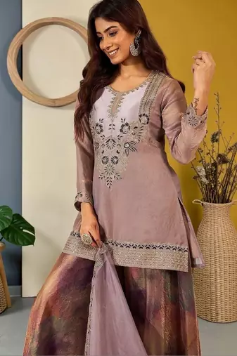 Women Ethnic Motifs Embroidered Regular Thread Work Kurta with Sharara & With Dupatta